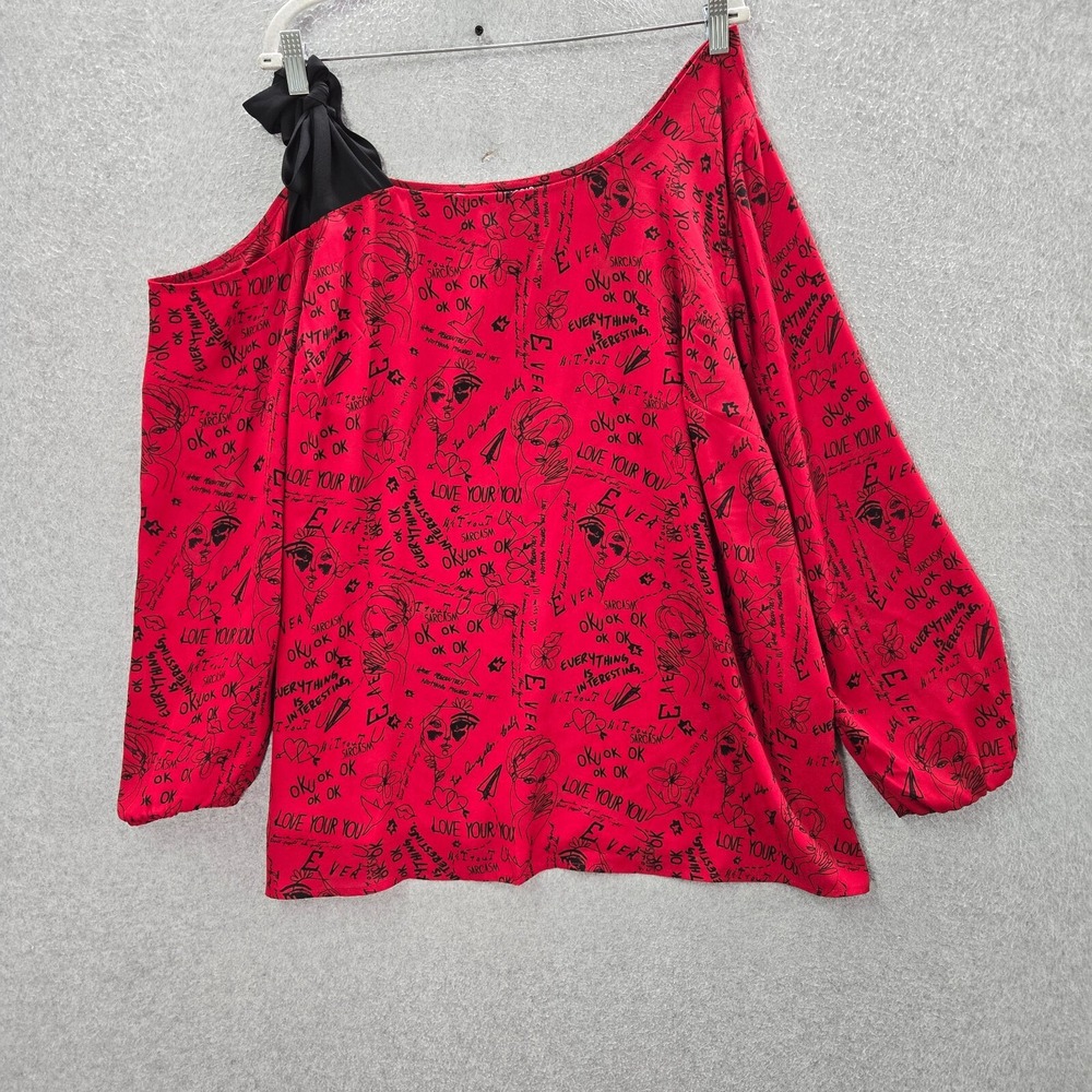 Torrid Women Top 3 Red Blouse  Verbiage Georgette One Shoulder Bow Tie‎
